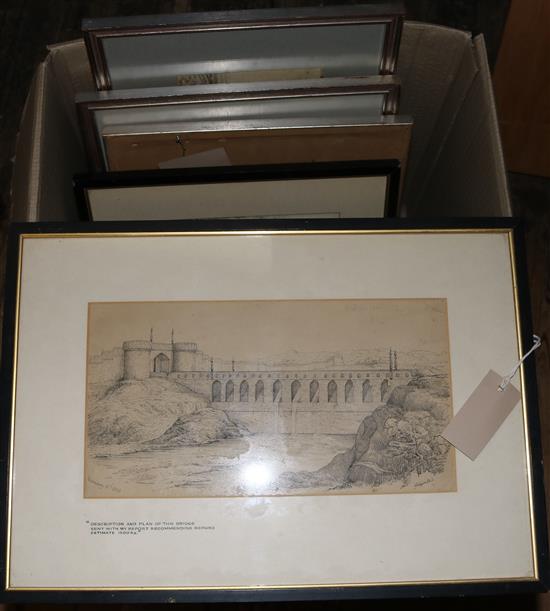 Anglo-Indian School, pen and ink study of a bridge, 1828, 3 topographical pencil drawings by Prinsep & two other drawings (6)